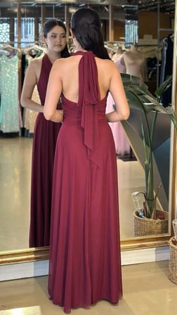 Bordo Halter Yaka Göğüs Dekolteli Düz Kesim Likralı Tül Uzun Abiye Elbise 11283-06