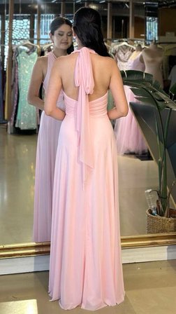 Pembe Halter Yaka Göğüs Dekolteli Düz Kesim Likralı Tül Uzun Abiye Elbise 11283-12