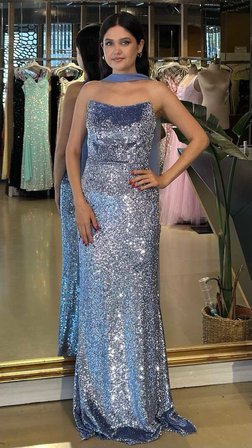 İndigo Straplez Yaka Düz Kesim Pullu Boncuklu Şallı Uzun Abiye Elbise 11286-07