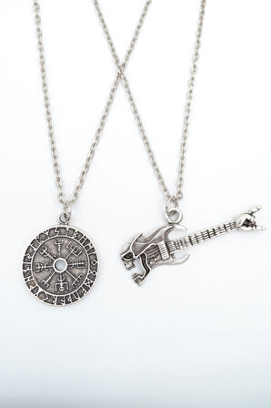 2'li Viking Pusula - Kuru Kafa Elektro Gitar Gümüş Kaplama Kolye Seti