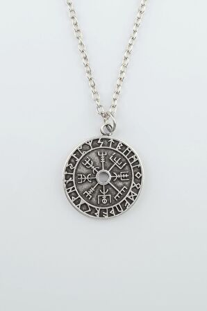 Viking  Pusulası - Sembolleri Erkek Kadın Kolye Antik Gümüş Kaplama - 60 cm Düz Zincir