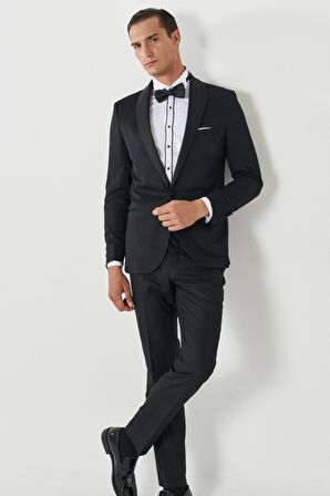 Erkek Siyah Slim Fit Dar Kesim Mono Yaka Desenli Klasik Smokin Takım