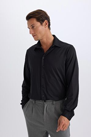 DeFacto Slim Fit Dar Kesim Polo Yaka Uzun Kollu Siyah Gömlek D4525AX24AUBK27