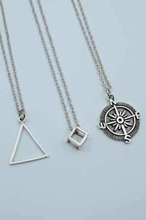 3'lü Geometrik Üçgen Küp Pusula Gümüş Kaplama Kolye Seti