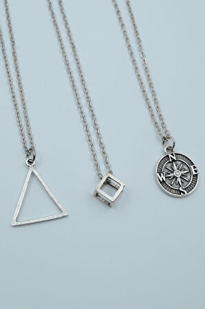 3'lü Pusula Üçgen Küp Geometrik Gümüş Kaplama Kolye Seti