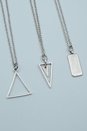 3'lü Geometrik Üçgen Sallantılı Üçgen Dikdörtgen Bar Gümüş Kaplama Kolye Seti