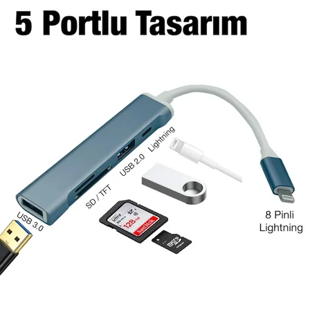 Ally S-503 5in1 Lightning to USB + SD Kart Hub Adaptör Çevirici Dönüştürücü-(5775)
