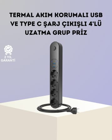 Akım Korumalı Çoklu Priz 4’lü 2 USB 1 Type-C 2500W Güçlü Tasarım