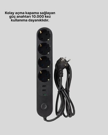 Akım Korumalı Çoklu Priz 4’lü 2 USB 1 Type-C 2500W Güçlü Tasarım