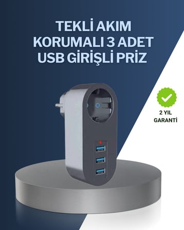 Çocuk Korumalı Termal Priz – 3'lü USB Şarj ve Akım Koruması