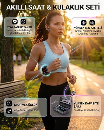 Bluetooth Kulaklıklı Akıllı Saat Seti Yüksek Ses Kalitesi ve 3D Ekran