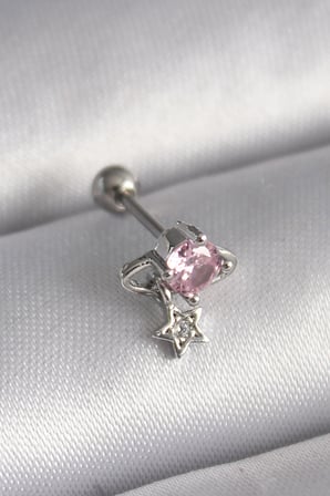 316L Çelik Gümüş Renk Pembe Zirkon Taşlı Sallantı Yıldız Detay Tragus Piercing 5886