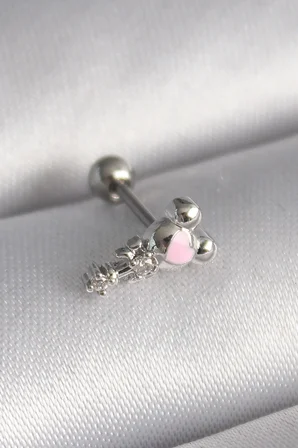 316L Çelik Gümüş Renk Zirkon Taş Detay Pembe Kalp İşleme Tragus Piercing 5886