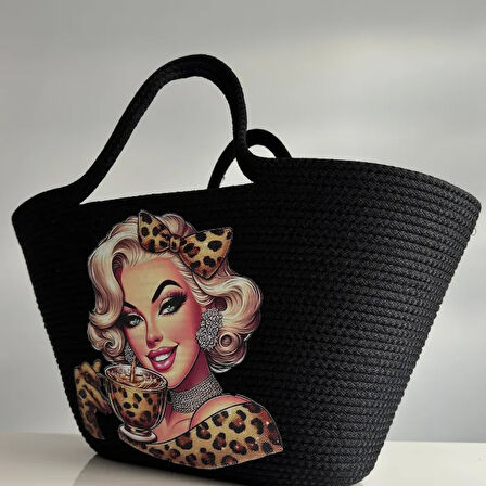 Uretti - Ayşe 4723 El Yapımı Tress İp Baskılı Plaj Çantası 27 cm - Siyah