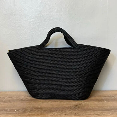 Uretti - Ayşe 4723 El Yapımı Tress İp Baskılı Plaj Çantası 27 cm - Siyah