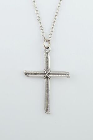 Çivili Haç Erkek Kadın Kolye Antik Gümüş Kaplama - 60 cm Düz Zincir