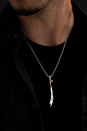 Erkek Gümüş Kolye - Tilki Kuyruğu Zincirli Hz.ali Yazılı Zülfikar Kılıcı Motifli Erkek Kolye