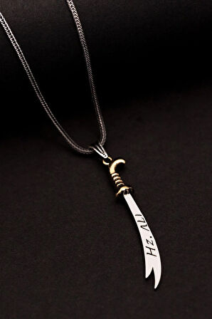 Erkek Gümüş Kolye - Tilki Kuyruğu Zincirli Hz.ali Yazılı Zülfikar Kılıcı Motifli Erkek Kolye