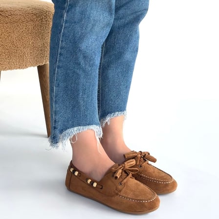 Zizigo Elora Kadın Babet Ayakkabı Süet Taba Yuvarlak Burunlu 1 Cm Düz Topuk Ortopedik