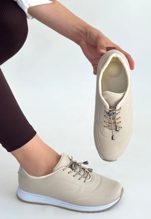 Zizigo Finna Kadın Sneaker Ayakkabı Bej Cilt Bağcıklı Düz Taban Günlük Kullanım 37 Numara