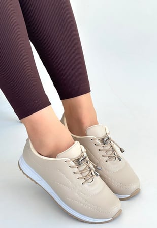 Zizigo Finna Kadın Sneaker Ayakkabı Bej Cilt Bağcıklı Düz Taban Günlük Kullanım 37 Numara