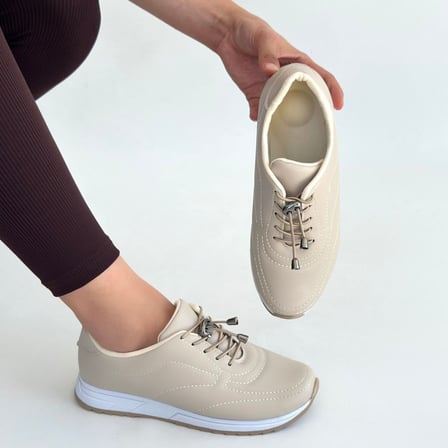 Zizigo Finna Kadın Sneaker Ayakkabı Bej Cilt Bağcıklı Düz Taban Günlük Kullanım 37 Numara