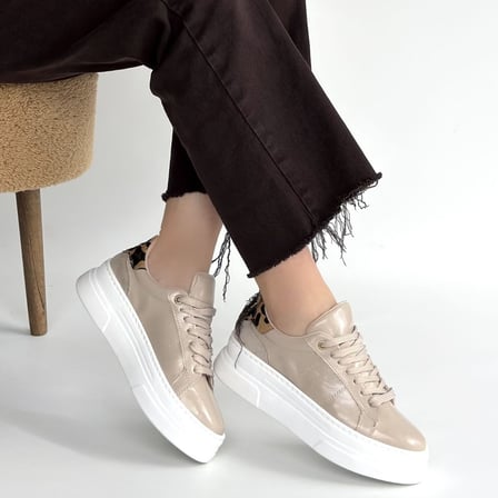 Zizigo Kadın Sneaker Ayakkabı Bej Rugan Bağcıklı Kısa Topuklu 3 Cm