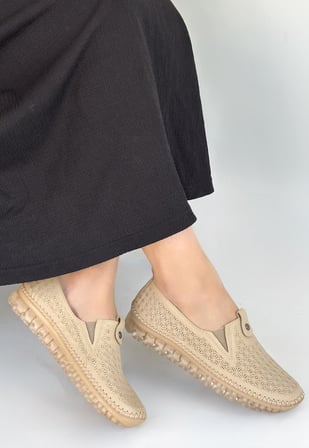 Zizigo Kadın Hakiki Deri Sneaker Ayakkabı Bej Slip-On Düz Taban