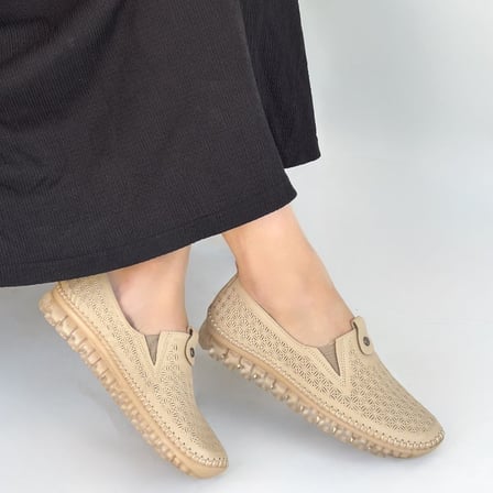 Zizigo Kadın Hakiki Deri Sneaker Ayakkabı Bej Slip-On Düz Taban