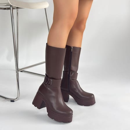 Moki Kahverengi Cilt Topuklu Çizme