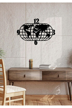 Artroya Dünya Haritası Metal Duvar Saati   -Ev Ofis  - 75 x 50 - cm - Siyah - CLOCK-106