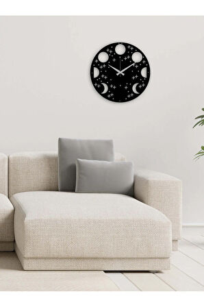 Artroya Ayın Evreleri Metal Duvar Saati -Ev Ofis  - 50 x 50 - cm - Siyah - CLOCK-023