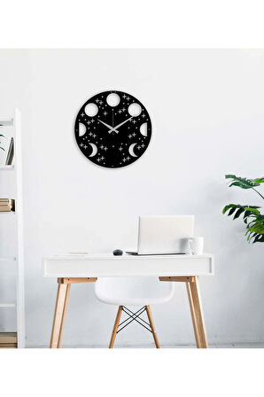 Artroya Ayın Evreleri Metal Duvar Saati -Ev Ofis  - 50 x 50 - cm - Siyah - CLOCK-023