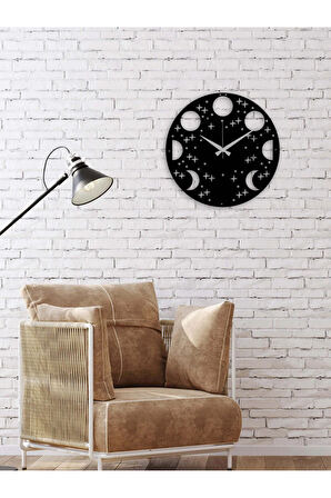 Artroya Ayın Evreleri Metal Duvar Saati -Ev Ofis  - 50 x 50 - cm - Siyah - CLOCK-023