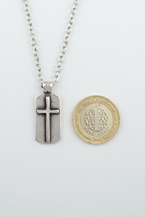 Haç Künye Erkek Kadın Kolye Antik Gümüş Kaplama - 60 cm Düz Zincir