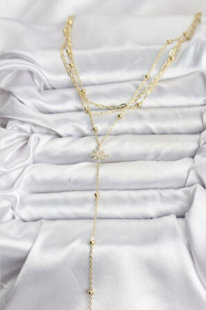 Pirinç Gold Renk Kutup Yıldızı Detaylı 3'lü Kombin Kadın Kolye