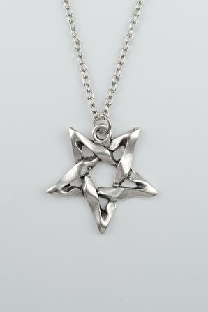 Pentagram Erkek Kadın Kolye Antik Gümüş Kaplama - 60 cm Düz Zincir