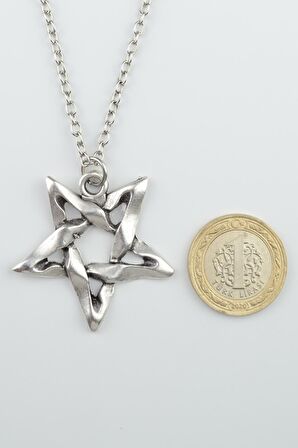 Pentagram Erkek Kadın Kolye Antik Gümüş Kaplama - 60 cm Düz Zincir