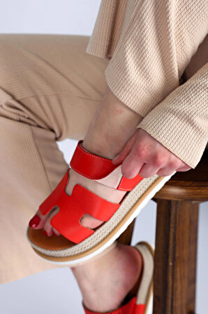 Kadın Hakiki Deri Kırmızı Renk Rahat Yazlık Sandalet – Hrms Model Ortopedik Eva Taban