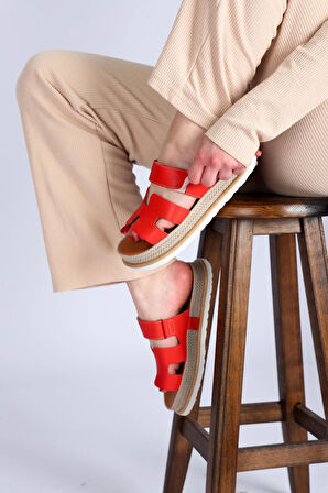 Kadın Hakiki Deri Kırmızı Renk Rahat Yazlık Sandalet – Hrms Model Ortopedik Eva Taban