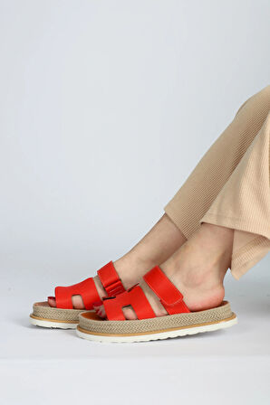 Kadın Hakiki Deri Kırmızı Renk Rahat Yazlık Sandalet – Hrms Model Ortopedik Eva Taban