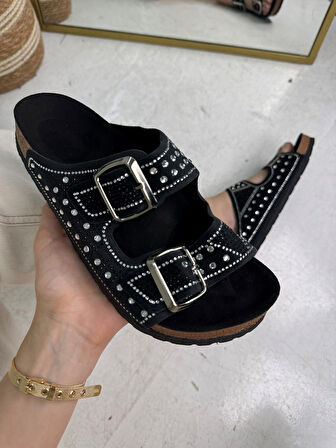 Günlük Kadın Terlik Çift Tokalı Boncuk Detaylı Yumuşak Rahat Ortopedik Mantar Taban Ayakkabı 114