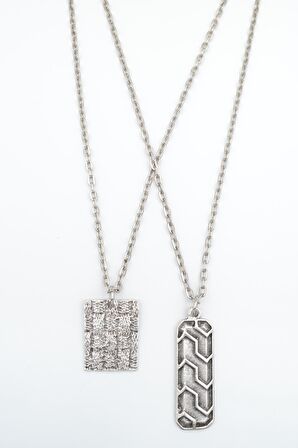 2'li Desenli Levha - Desenli Bar Erkek Kadın Kolye Seti 925 Ayar Gümüş Kaplama