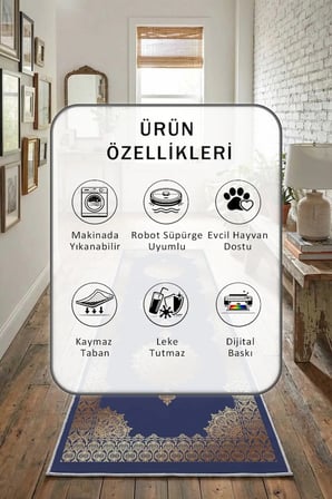 Dolmabahçe Lacivert Gold Dijital Baskılı Kaymaz Yıkanabilir Yolluk - Leke Tutmaz
