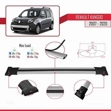 Renault Kangoo 2 (X61) 2007-2020 Arası ile Uyumlu FLY Model Ara Atkı Tavan Barı Gri 2 Adet