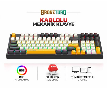 BRONZTURQ MK1140-SİYAH RGB-ABS- KABLOLU MEKANİK KLAVYE