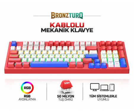 BRONZTURQ MK1140-KIRMIZI RGB-ABS- KABLOLU MEKANİK KLAVYE