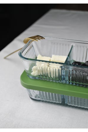 2 Adet Frigo 2 Bölmeli Cam Saklama Kabı Plastik Kapaklı Kahvaltılık Bölmeli Reçel Bal Tereyağlık Kabı 475 ml