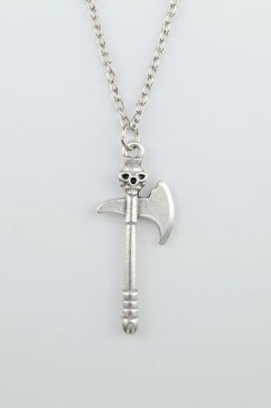 Skull One Axe Kuru Kafa Erkek Kadın Kolye Antik Gümüş Kaplama - 60 cm Düz Zincir