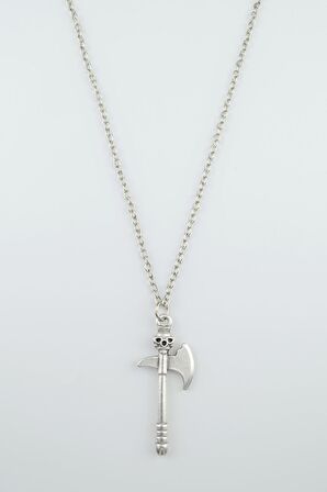Skull One Axe Kuru Kafa Erkek Kadın Kolye Antik Gümüş Kaplama - 60 cm Düz Zincir